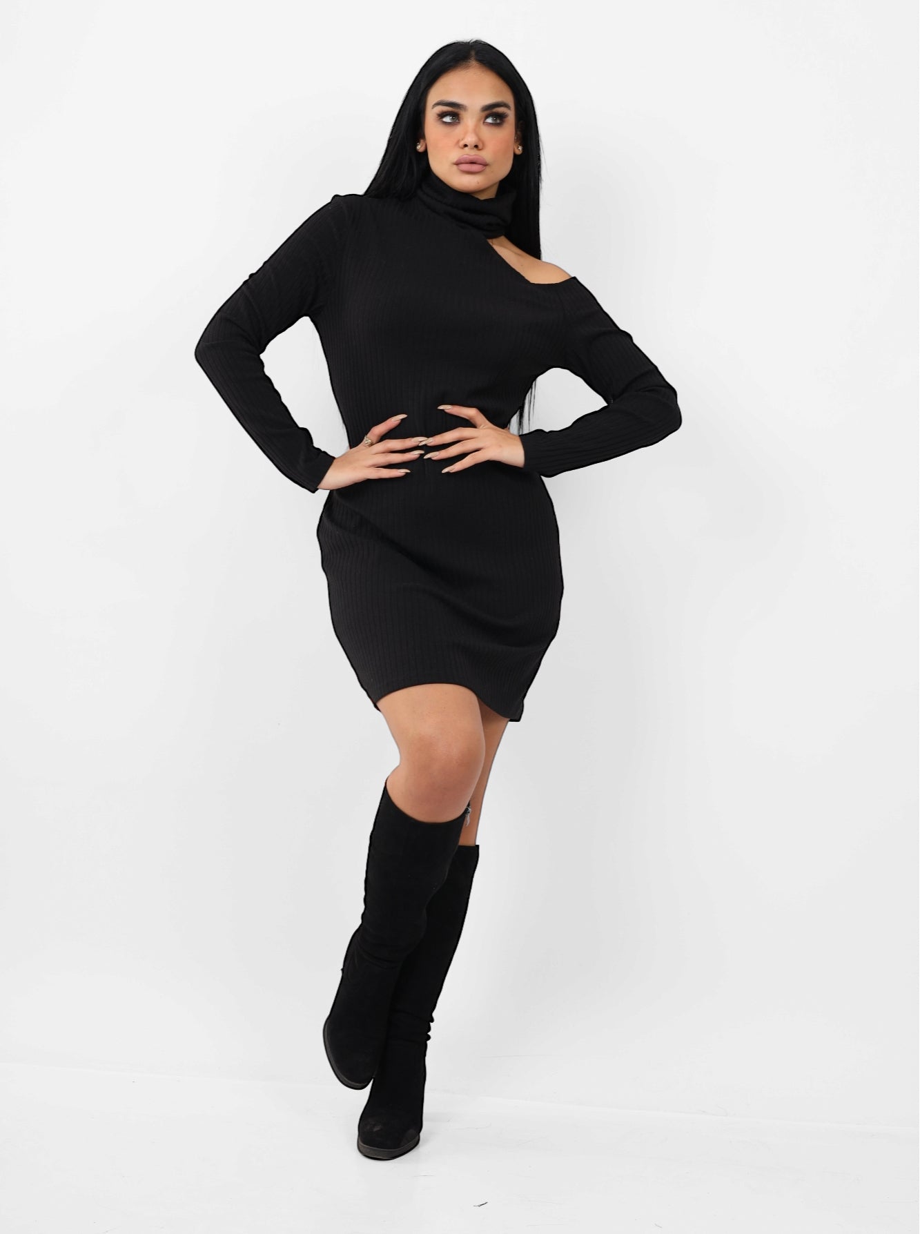 Ribbed One-Shoulder Turtleneck Dress