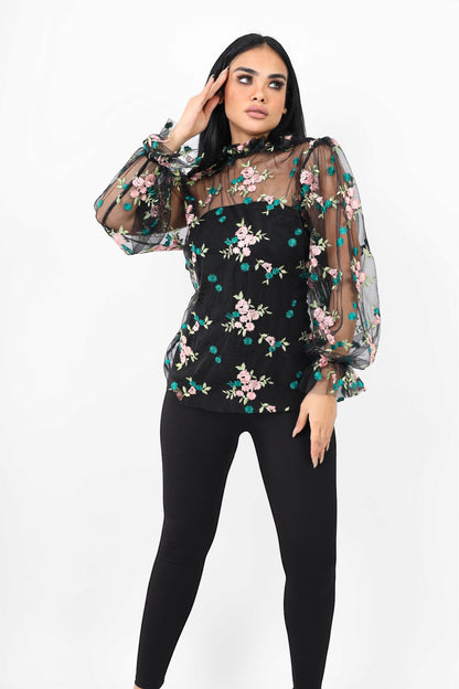 Tall Blouse with Floral Embroidery