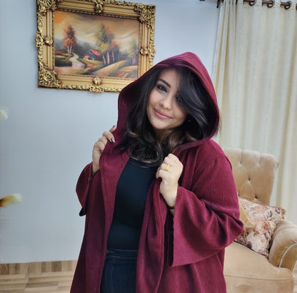 Ribbed Velvet Lycra Hooded Jacket – Soft Elegant Layer