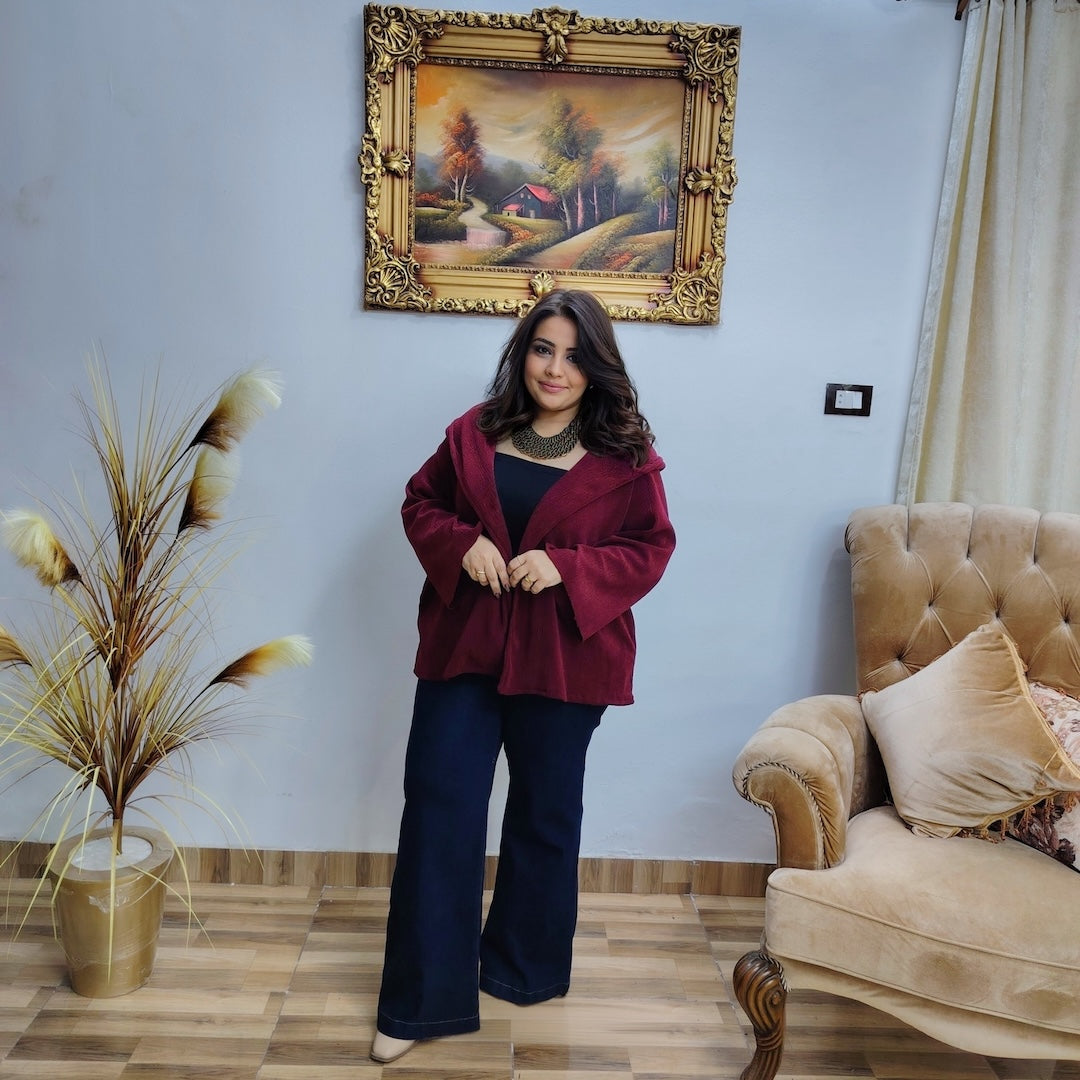 Ribbed Velvet Lycra Hooded Jacket – Soft Elegant Layer