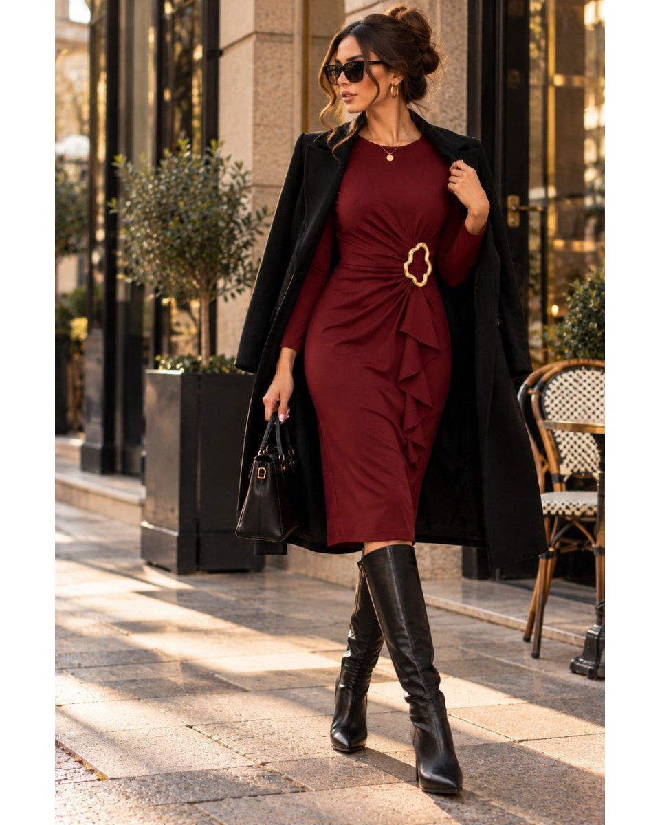 Ruffle Rozalen Midi Dress - Burgundy