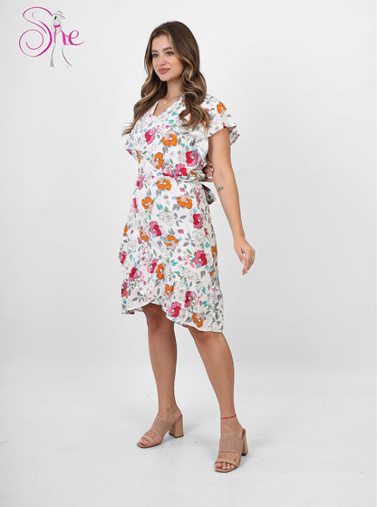 Floral White Wrap Midi Dress