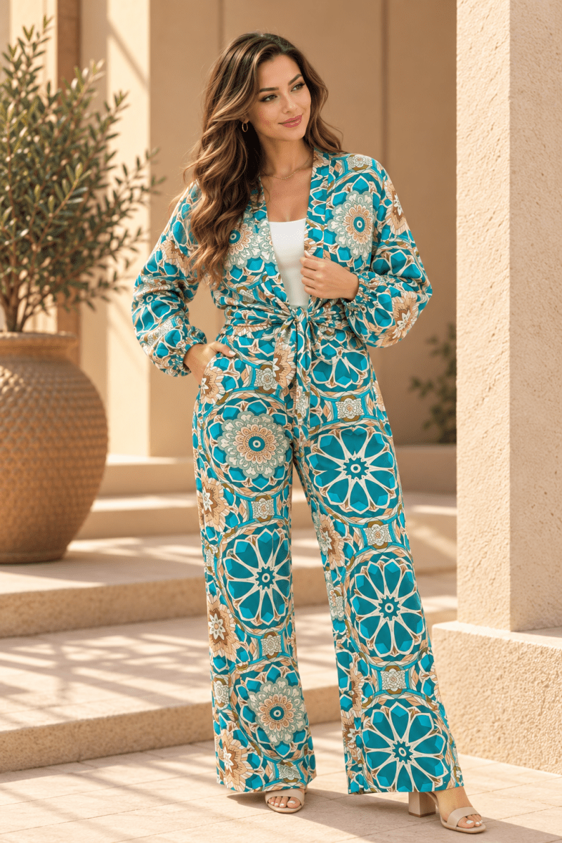 Turquoise Geometric Floral Summer Suit – Viscose Cotton