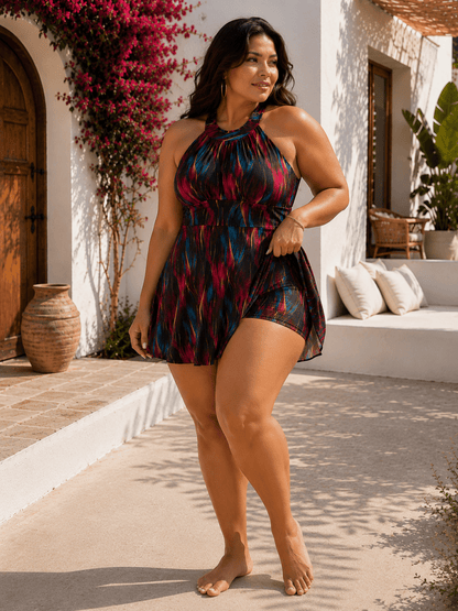 Abstract Print Swim Dress with Built-In Shorts