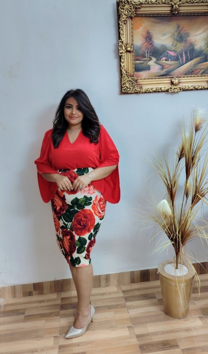 Red Rose Print Pencil Skirt – Scopa Lycra, front view