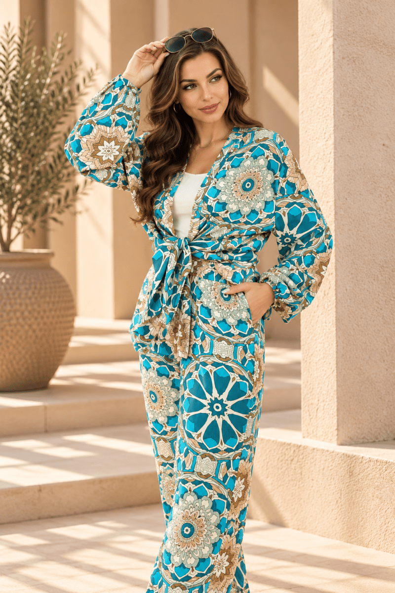Turquoise Geometric Floral Summer Suit – Viscose Cotton