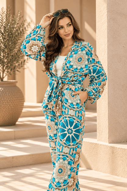 Turquoise Geometric Floral Summer Suit – Viscose Cotton