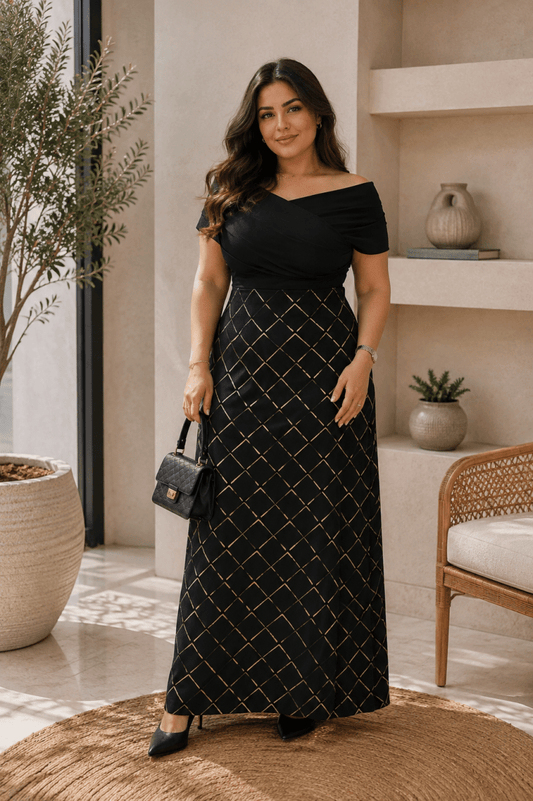 Elegant Black Jersey & Satin Maxi Dress