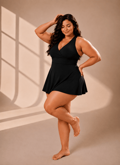 Black Cross Back Swim Dress with Inner Shorts